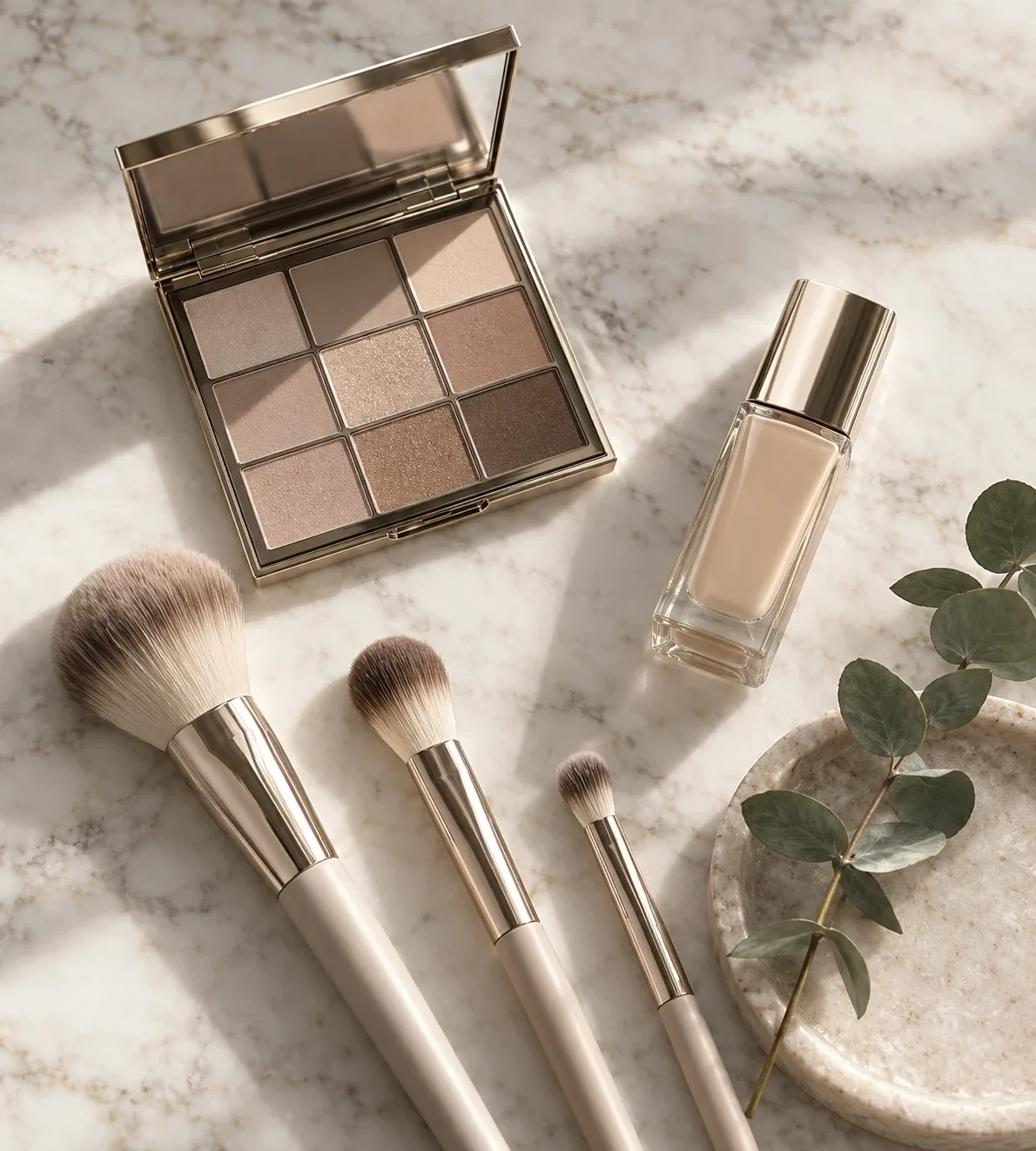 Eyeshadow palette, foundation and makeup brushes on marble