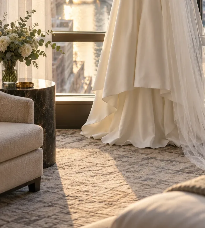 Hem of a wedding dress and veil beside an armchair