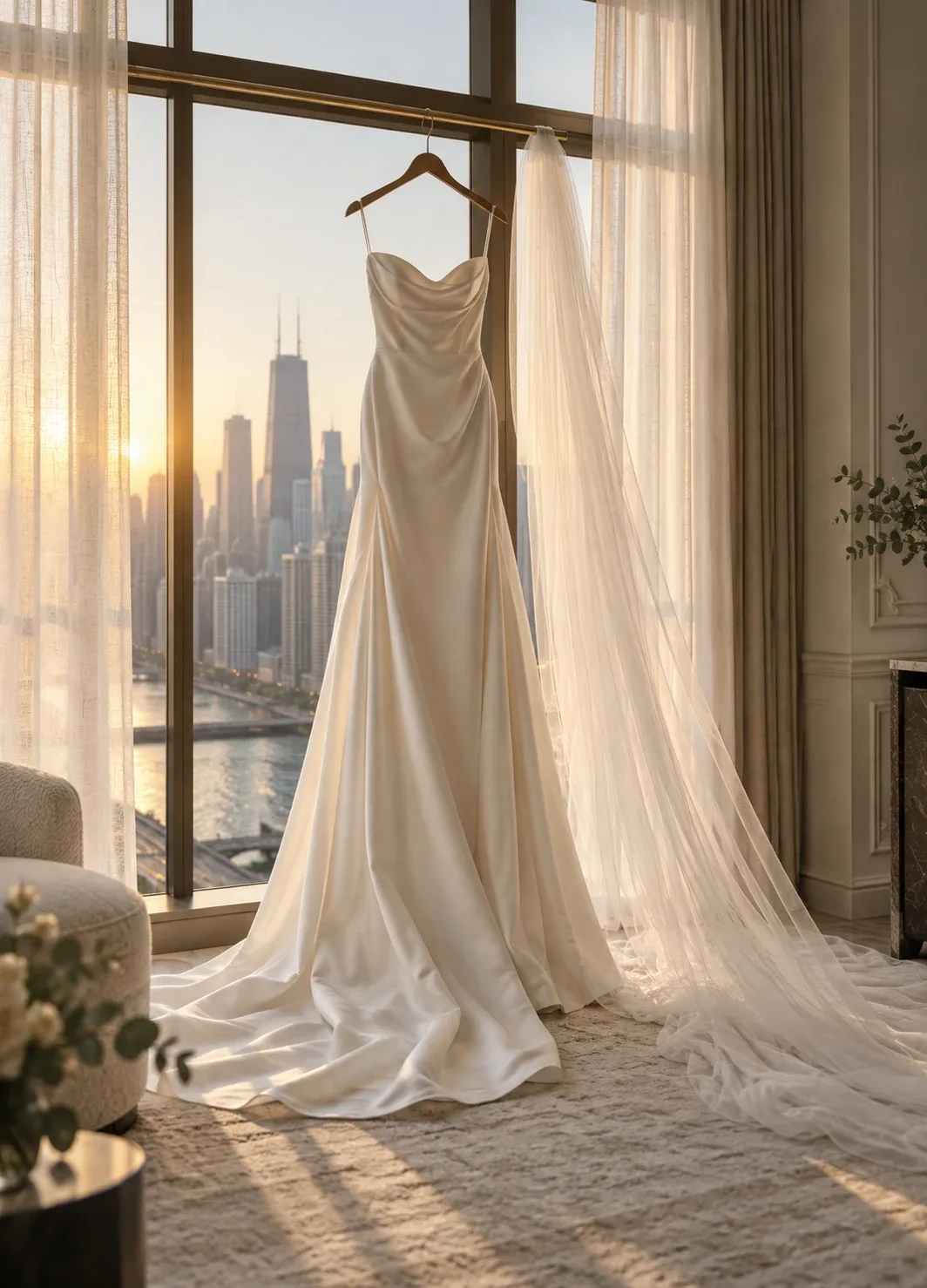 Wedding dress on a hanger by a tall window with the Chicago skyline behind